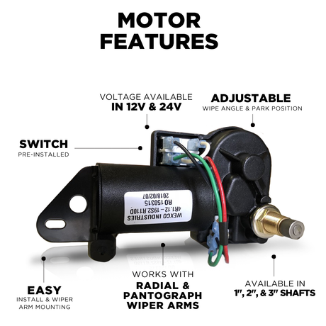 4R1.12-19S2.R110D 4R-Series wiper motor, 1.5 inch shaft, 12V, two-speed switch, features callout