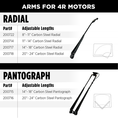 4R-Series wiper motor, 1.5 inch shaft, 12V, left hand park, matched arm options