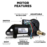 4R2.12-19S2.R110D – 4R-Series Wiper Motor, 2.5" Shaft, 12V, 110° Sweep, Two-Speed Switch