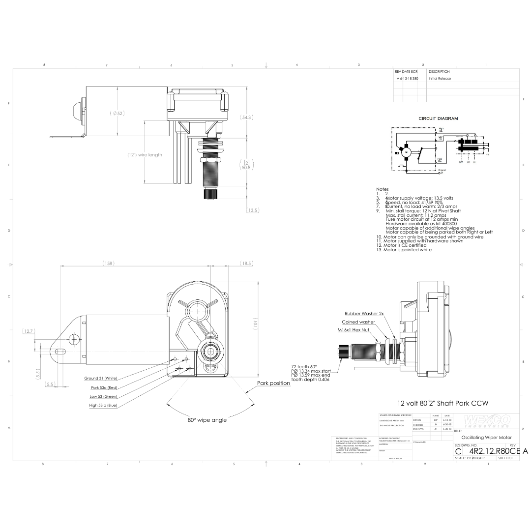 4R2.12.R80DCE-KIT - 12V Marine Wiper Motor Kit, 2" Shaft, 80 Degree Sweep, CE