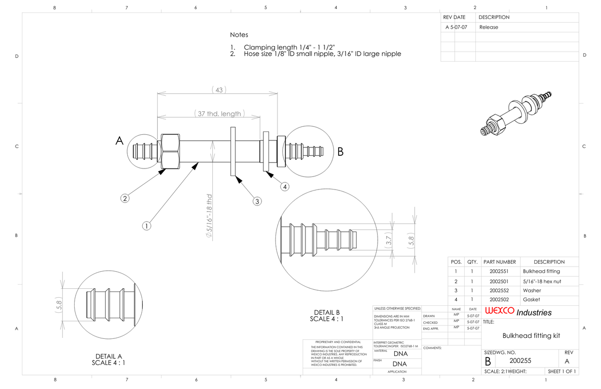WEXCO 200255 brass inline fitting, dimensioned schematic